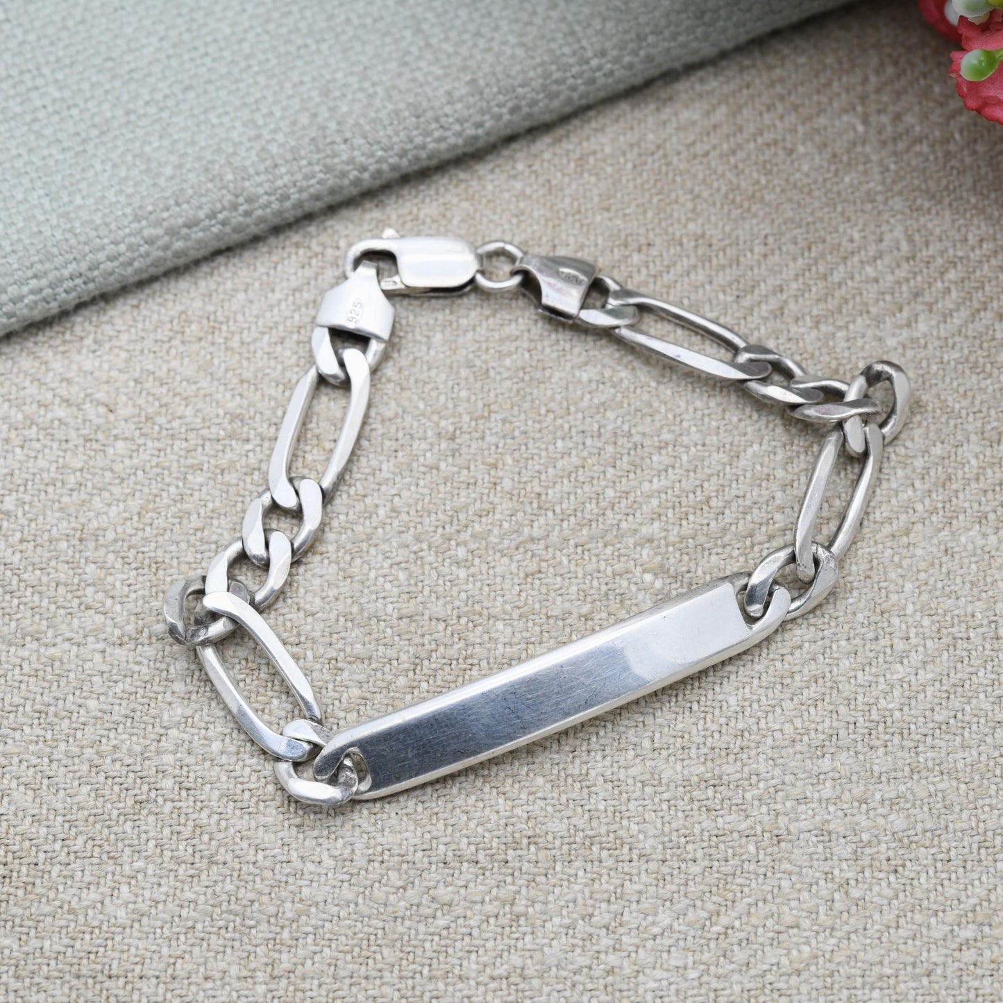 Vintage Italian Sterling Silver ID Bracelet - Figaro Links | Charm Bracelet | Unisex Jewellery Gift for Him