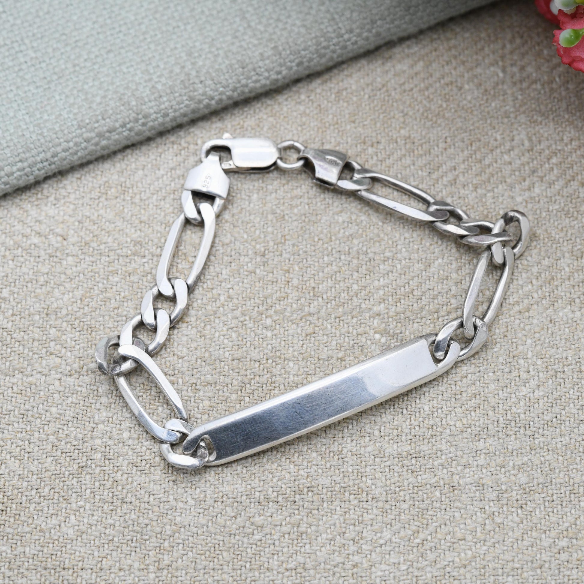 Vintage Italian Sterling Silver ID Bracelet - Figaro Links | Charm Bracelet | Unisex Jewellery Gift for Him