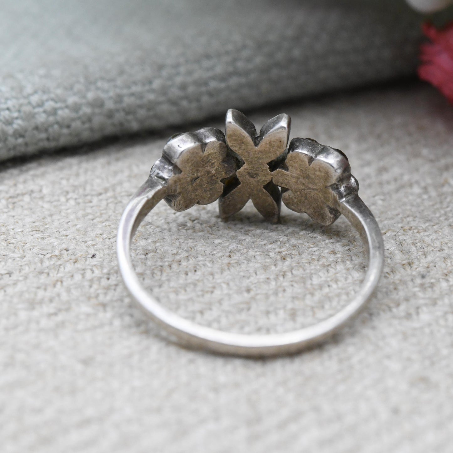Vintage European Silver Paste Ring C.1940s - Floral Cluster Milgrain Setting Ring | UK Size - O 1/2 | US Size - 7 1/2
