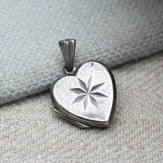 Vintage Sterling Silver Heart Locket Pendant with Engraved Starburst Design | Love Heart Shape Locket | Pretty Gift for Her | Necklace Stack