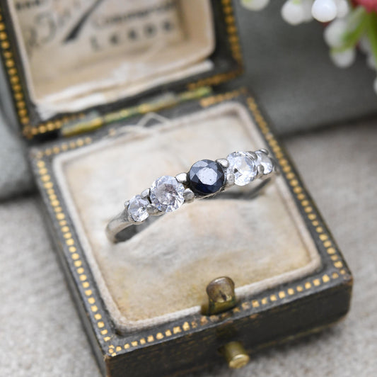 Vintage Sterling Silver Sapphire and Clear 5 Stone Ring - Mid-Century Cocktail Ring with Sparkly Stones | UK Size - T 1/2 US Size - 10