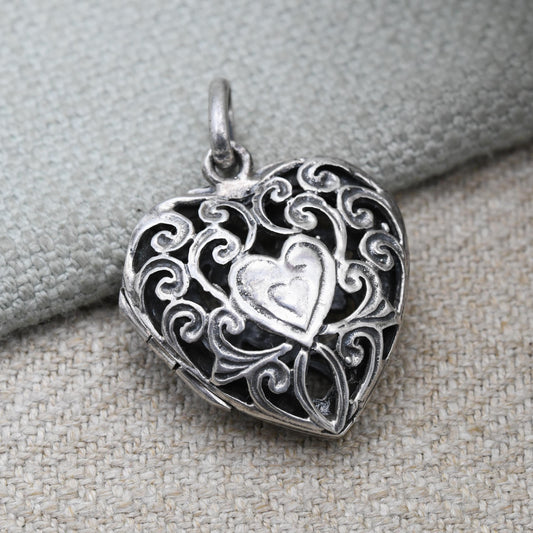 Vintage Sterling Silver Heart Locket Pendant with Openwork Ornate Design - Love Heart Shape Locket Pretty Gift for Her Charm Necklace Stack