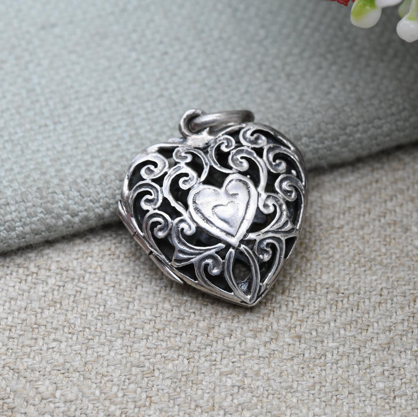 Vintage Sterling Silver Heart Locket Pendant with Openwork Ornate Design - Love Heart Shape Locket Pretty Gift for Her Charm Necklace Stack
