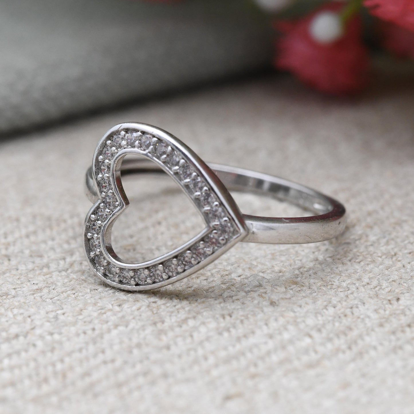 Vintage Sterling Silver and CZ Heart Ring - Sparkly Clear Stone | Openwork Love Heart | Gift for Her | UK Size - S | US Size - 9 1/4