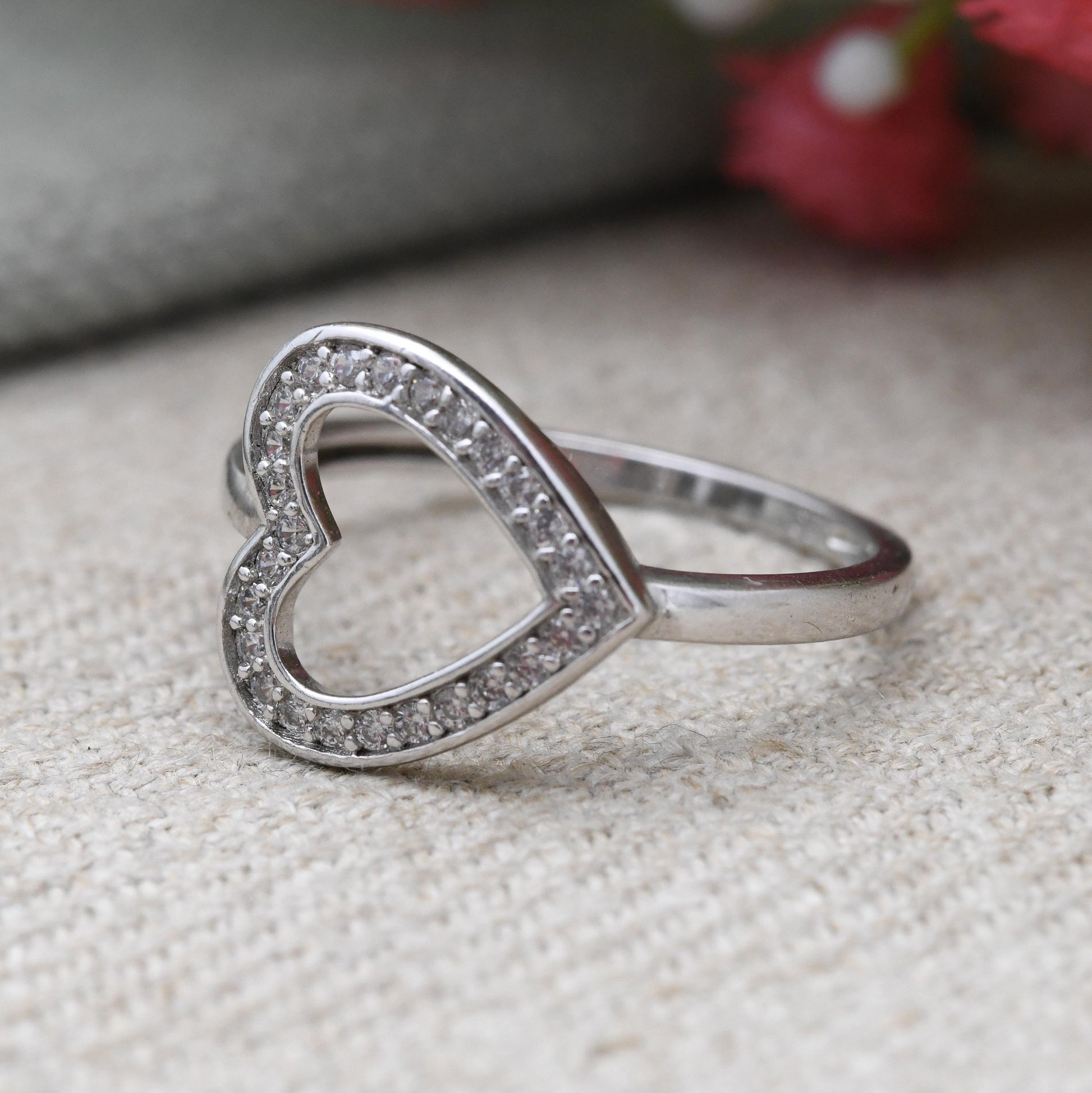 Vintage Sterling Silver and CZ Heart Ring - Sparkly Clear Stone | Openwork Love Heart | Gift for Her | UK Size - S | US Size - 9 1/4