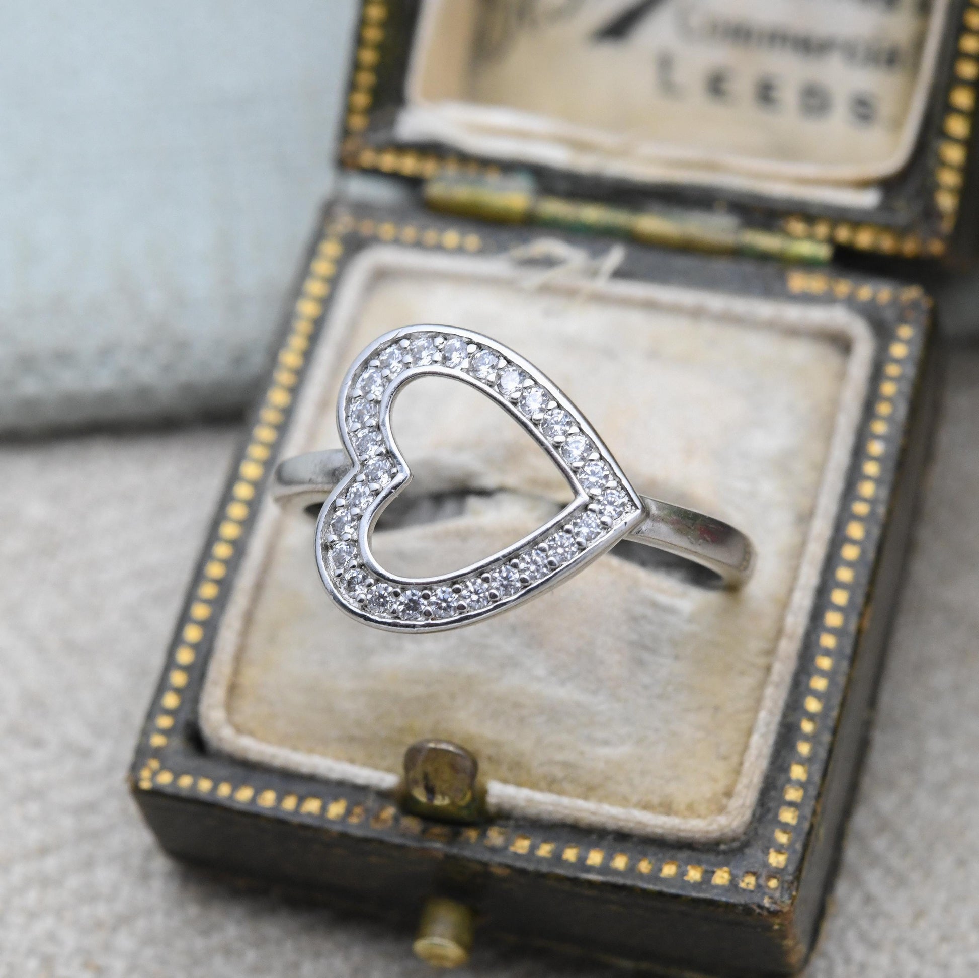 Vintage Sterling Silver and CZ Heart Ring - Sparkly Clear Stone | Openwork Love Heart | Gift for Her | UK Size - S | US Size - 9 1/4