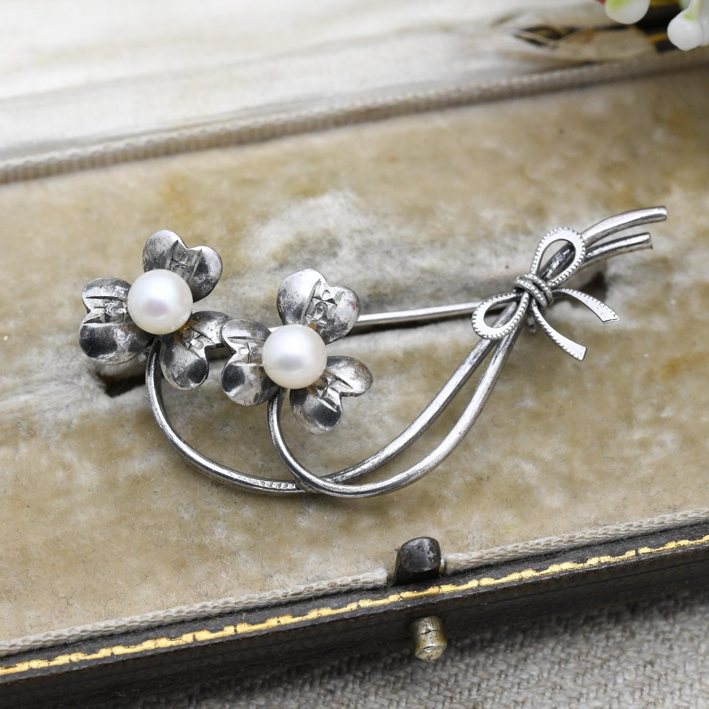 Vintage Silver Openwork Three Leaf Clover Pearl Brooch c. 1960s - Floral and Ribbon Bow Statement Pin | Gift for Her