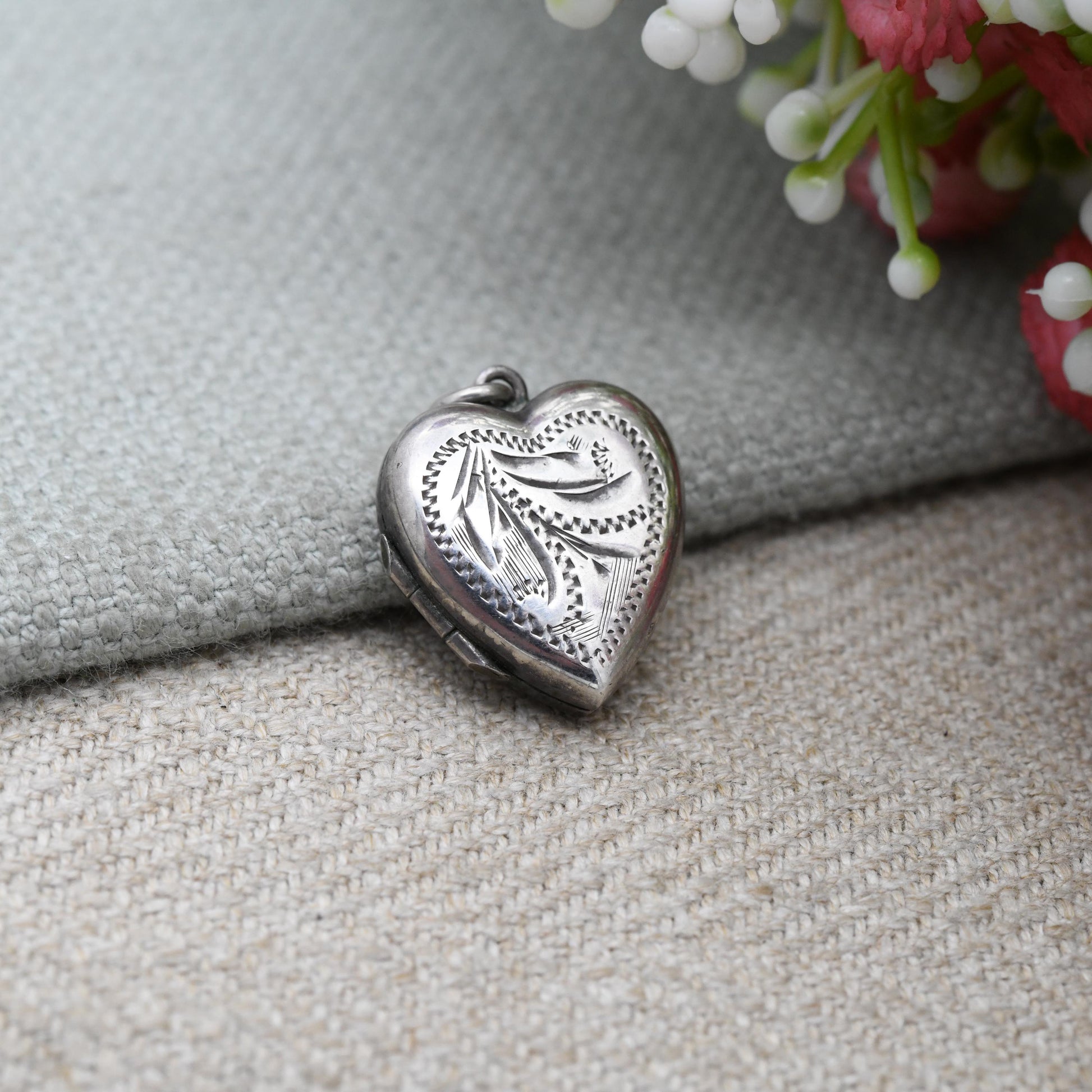 Vintage Sterling Silver Small Heart Locket Pendant with Engraved Floral Design - Love Heart Shape Locket | Gift for Her Charm Necklace Stack