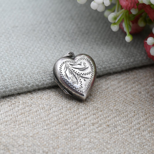 Vintage Sterling Silver Small Heart Locket Pendant with Engraved Floral Design - Love Heart Shape Locket | Gift for Her Charm Necklace Stack