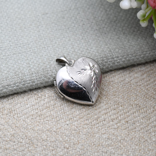 Vintage Sterling Silver Heart Locket Pendant with Engraved and Textured Floral Design - Love Heart Shape Locket | Gift for Her Necklace