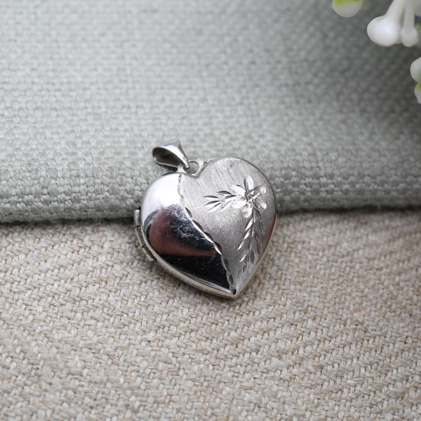 Vintage Sterling Silver Heart Locket Pendant with Engraved and Textured Floral Design - Love Heart Shape Locket | Gift for Her Necklace