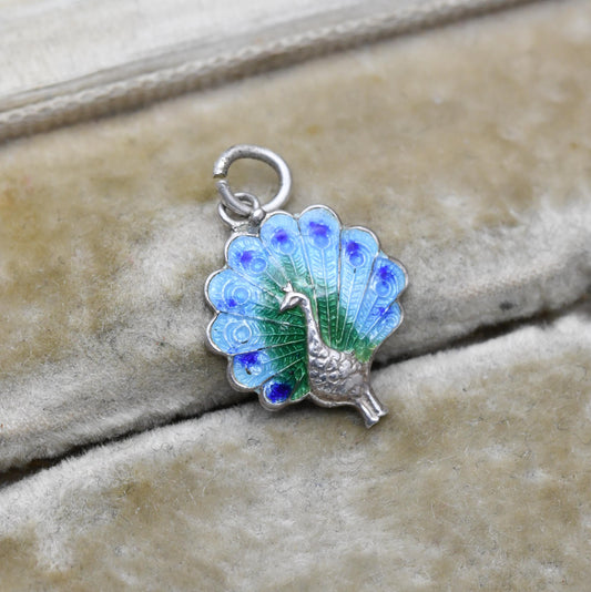 Sterling Silver Enamel Peacock Charm Pendant - Colourful Blue and Green Bird Jewellery | Animal Lover | Gift for Charm Bracelet Necklace