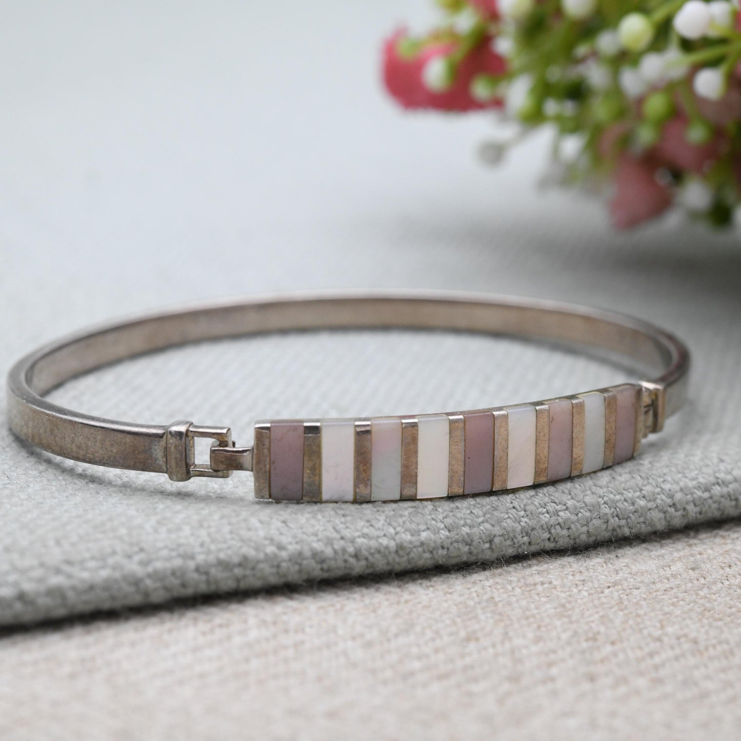 Vintage Sterling Silver Mother Of Pearl Bangle Bracelet - Pink and White stones | Opening Bangle | Hinge Clasp - Gift For Her