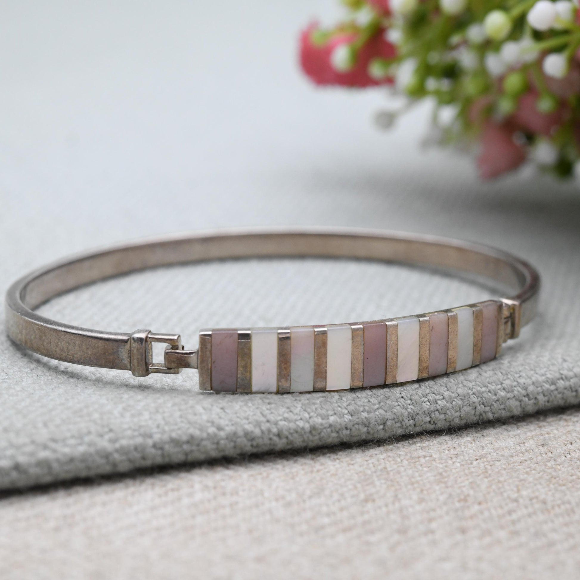 Vintage Sterling Silver Mother Of Pearl Bangle Bracelet - Pink and White stones | Opening Bangle | Hinge Clasp - Gift For Her