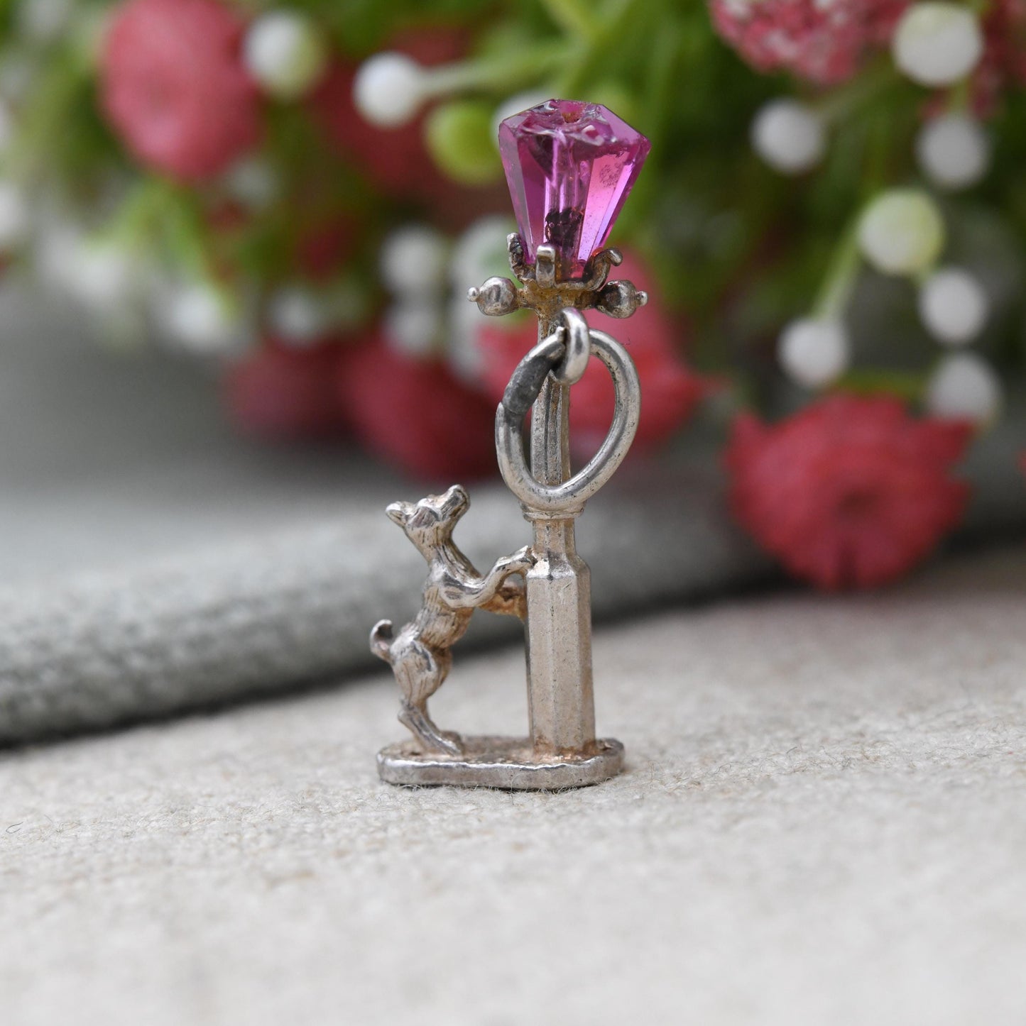 Vintage NUVO Sterling Silver Dog and Lamp Post Charm Pendant - Detailed Red Glass | Dog Charm | Animal Lover | Gift for Charm Bracelet