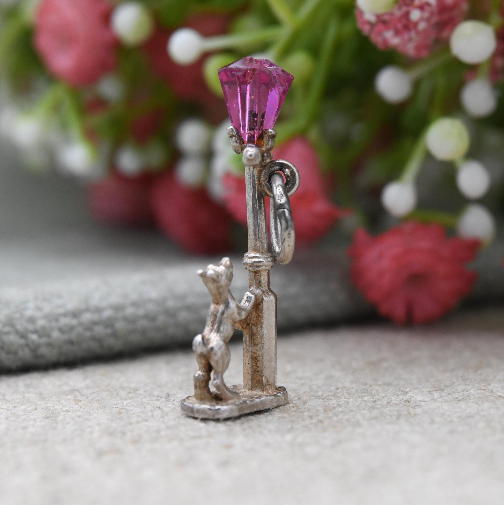 Vintage NUVO Sterling Silver Dog and Lamp Post Charm Pendant - Detailed Red Glass | Dog Charm | Animal Lover | Gift for Charm Bracelet