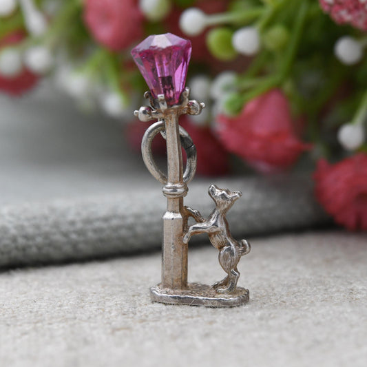Vintage NUVO Sterling Silver Dog and Lamp Post Charm Pendant - Detailed Red Glass | Dog Charm | Animal Lover | Gift for Charm Bracelet