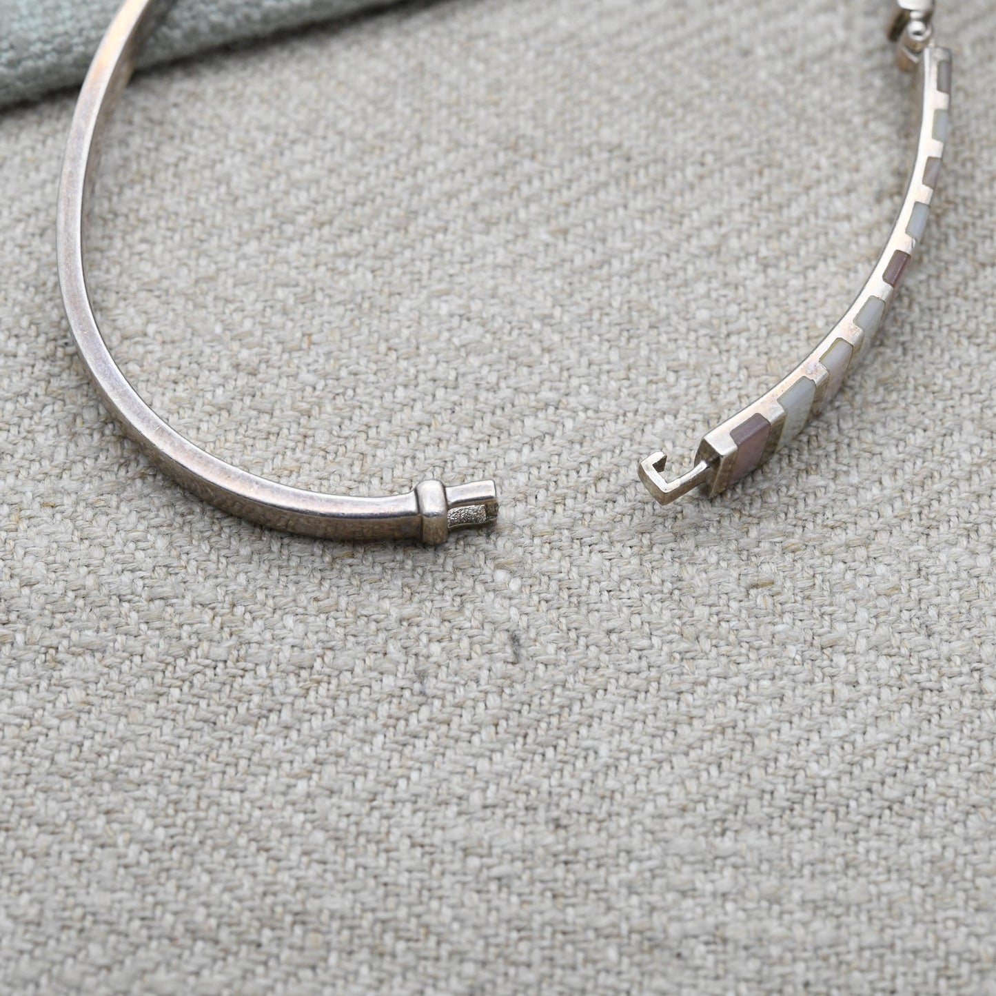 Vintage Sterling Silver Mother Of Pearl Bangle Bracelet - Pink and White stones | Opening Bangle | Hinge Clasp - Gift For Her