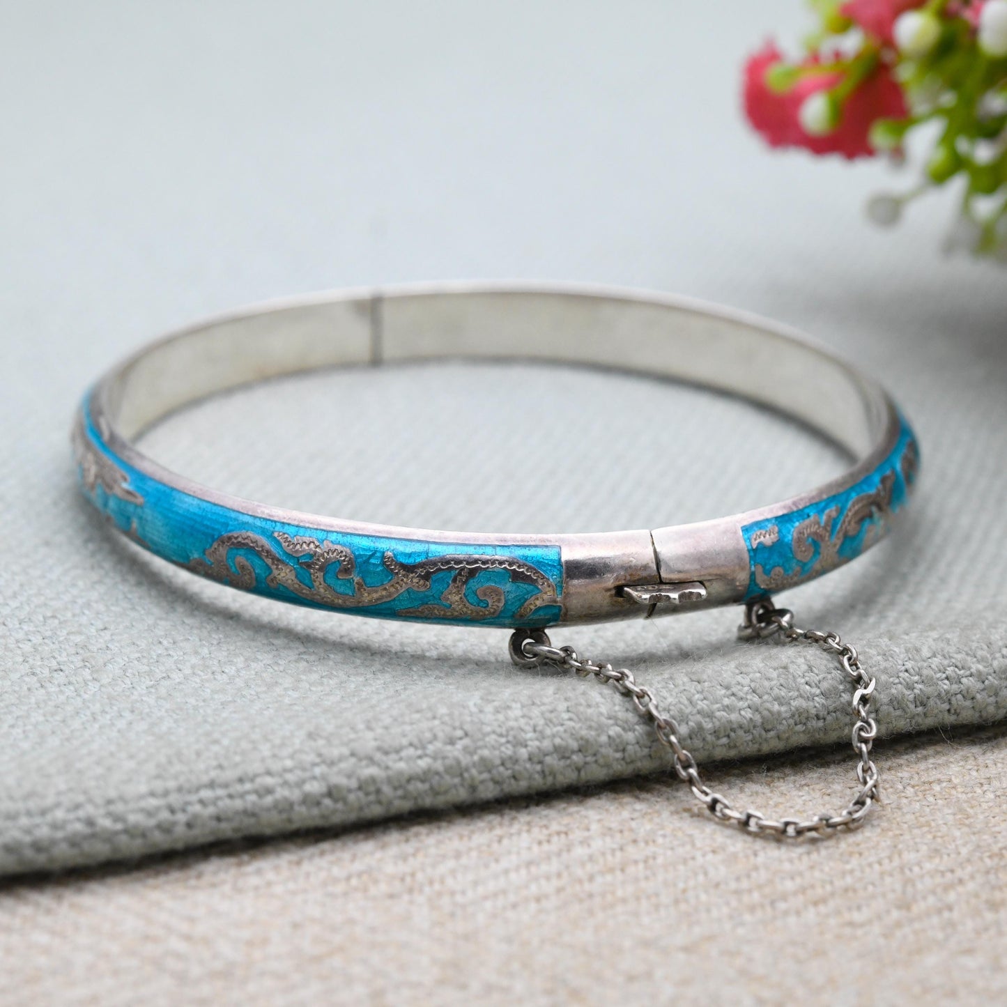 Sterling Silver Siam Blue Niello Boat Bangle Bracelet - Ornate Scrolling and Detailed Engraving Thai Jewellery | Gift for Her