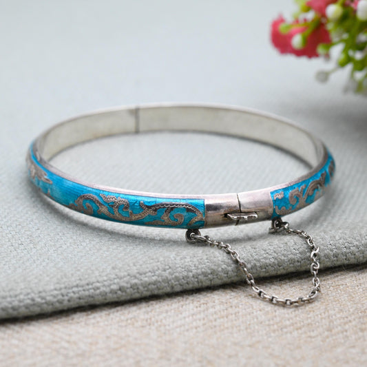 Sterling Silver Siam Blue Niello Boat Bangle Bracelet - Ornate Scrolling and Detailed Engraving Thai Jewellery | Gift for Her