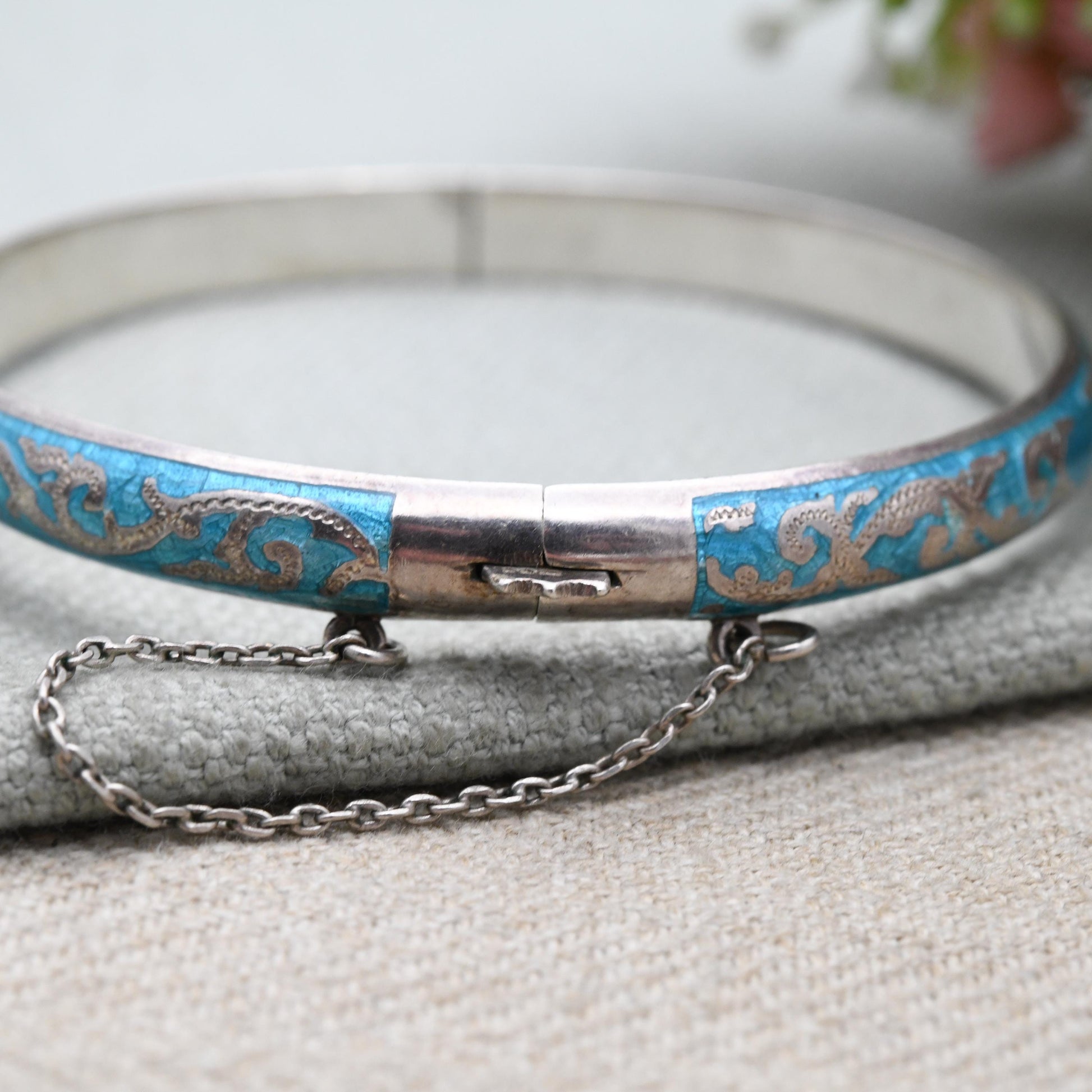 Sterling Silver Siam Blue Niello Boat Bangle Bracelet - Ornate Scrolling and Detailed Engraving Thai Jewellery | Gift for Her