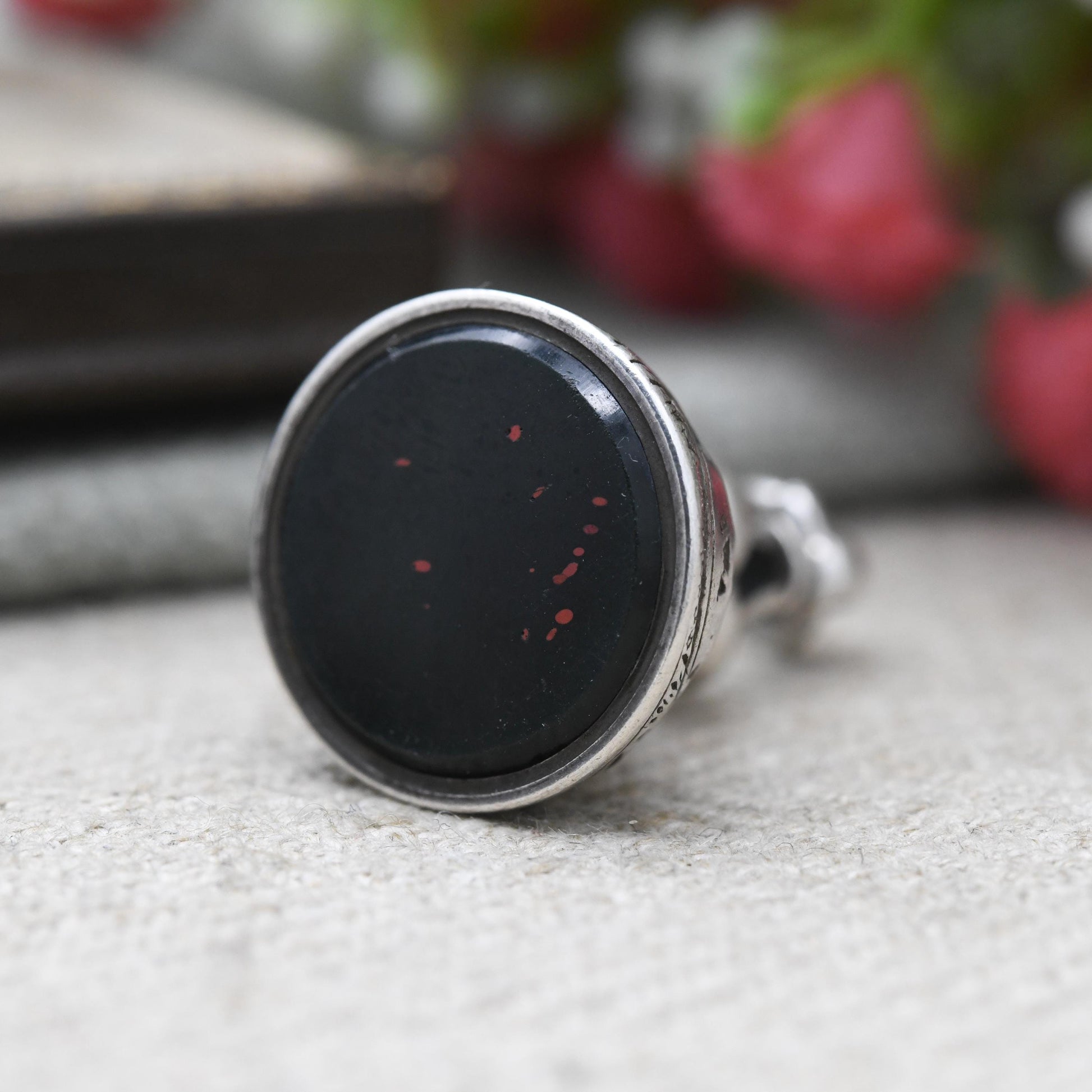 Antique Sterling Silver Bloodstone Watch Fob Pendant 1890 - H W Ashford & Co Engraved Scrolling Victorian Jewellery | Gentleman’s Accessory