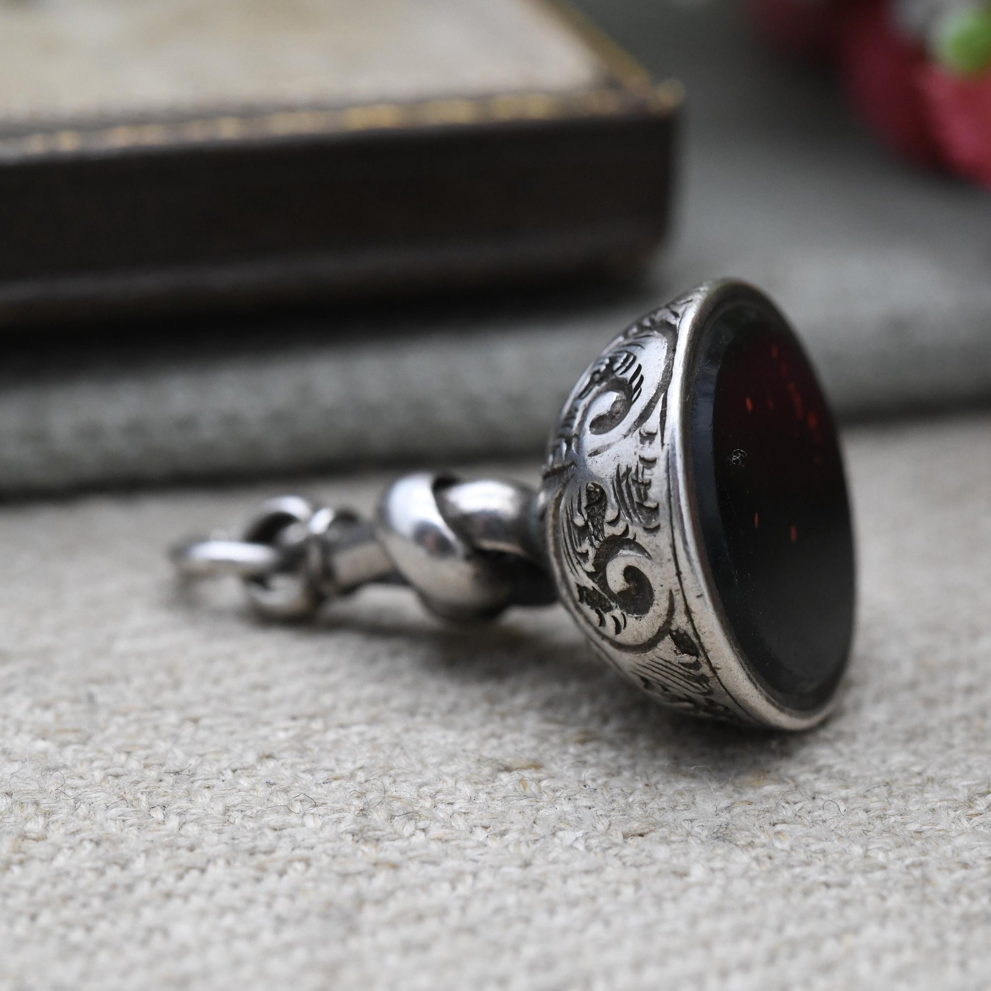 Antique Sterling Silver Bloodstone Watch Fob Pendant 1890 - H W Ashford & Co Engraved Scrolling Victorian Jewellery | Gentleman’s Accessory