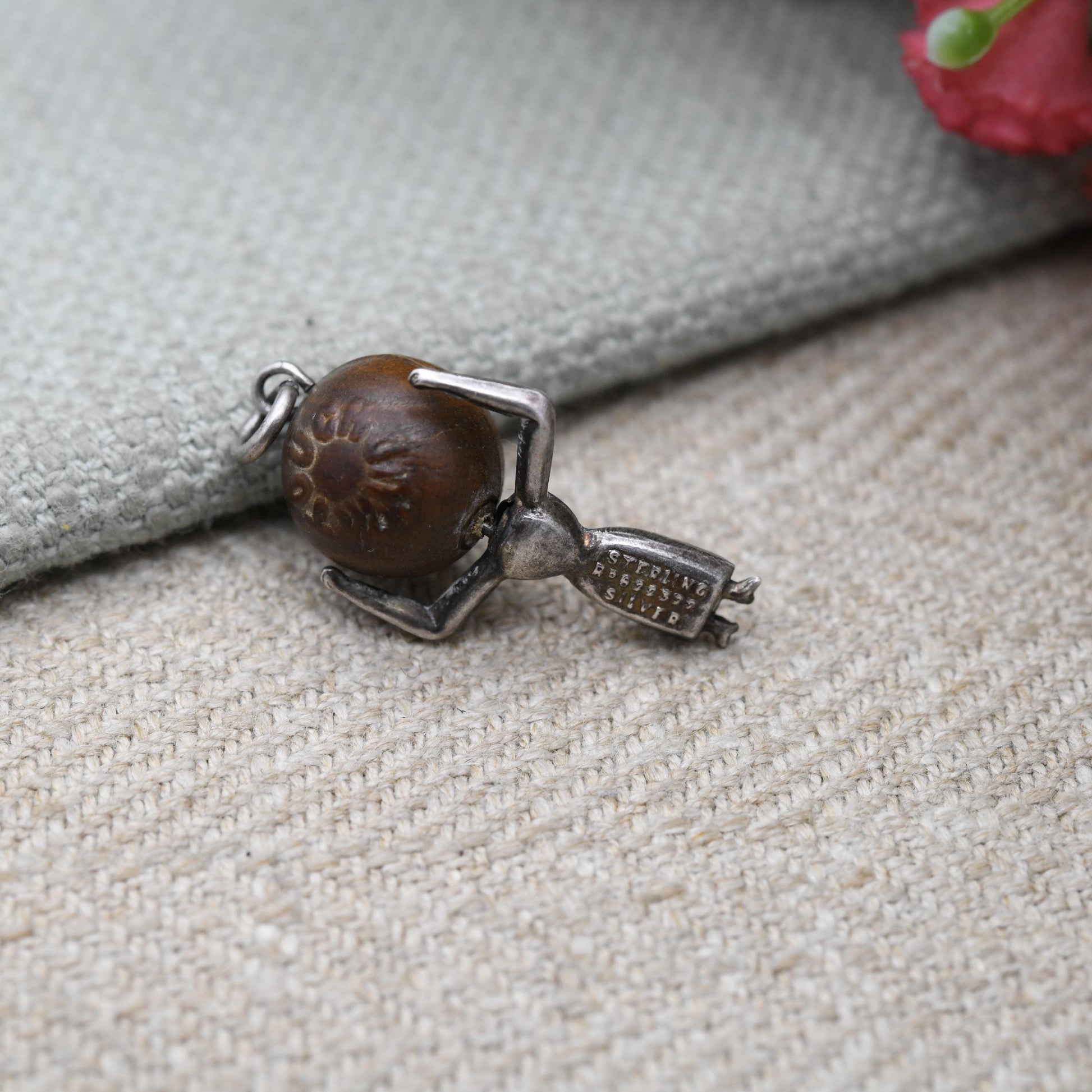 Antique Lady Touch Wud Sterling Silver Charm Pendant - First World War Good Luck Charm Tommy Touch Wood Head Unusual Gift for Charm Bracelet