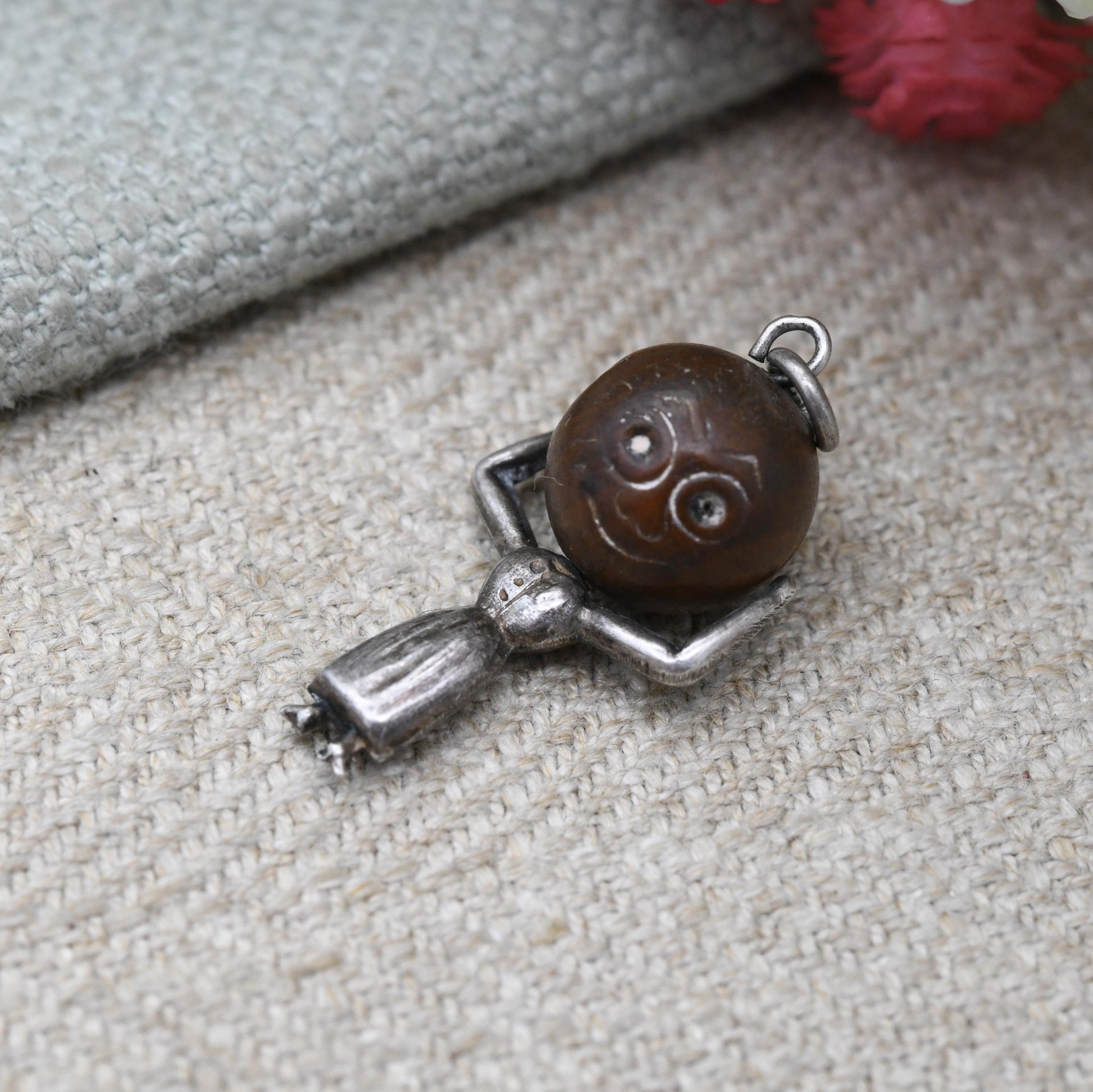 Antique Lady Touch Wud Sterling Silver Charm Pendant - First World War Good Luck Charm Tommy Touch Wood Head Unusual Gift for Charm Bracelet