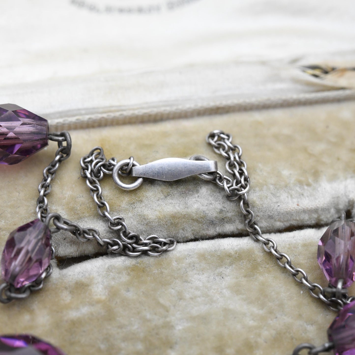 Antique Art Deco Silver Necklace c.1920s - Graduating Purple Faceted Glass Beads | Delicate Chain