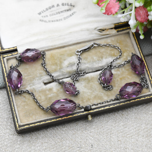 Antique Art Deco Silver Necklace c.1920s - Graduating Purple Faceted Glass Beads | Delicate Chain