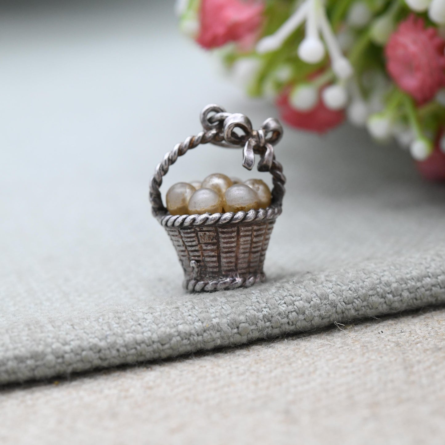 Vintage NUVO Sterling Silver Basket of Pearls Charm - Collectable Detailed Mid-Century Silver Gift for Charm Bracelet
