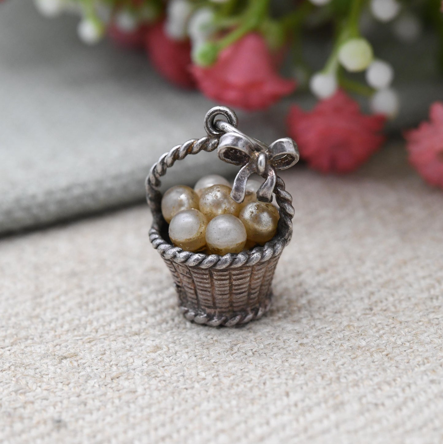 Vintage NUVO Sterling Silver Basket of Pearls Charm - Collectable Detailed Mid-Century Silver Gift for Charm Bracelet
