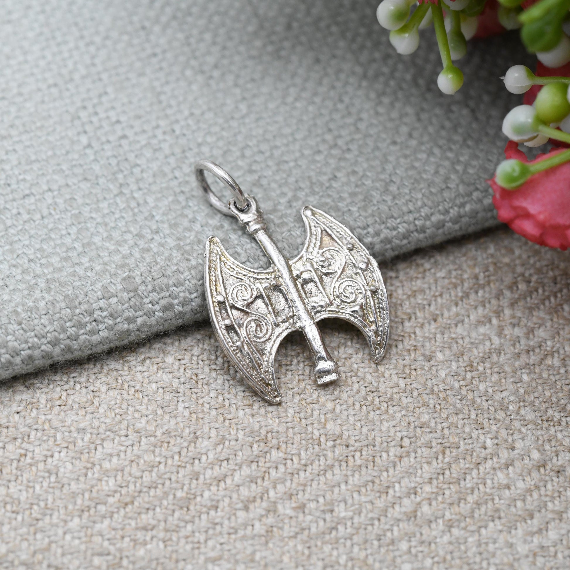 Vintage Silver Viking Axe Head Charm Pendant - Textured Viking Weapon | Medieval Axe Head | Gift for Charm Bracelet Necklace