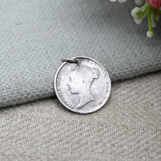 Antique Victorian Sterling Silver Six Pence Coin Charm Pendant - Queen Victoria Young Head | Solid Silver Coin Jewellery