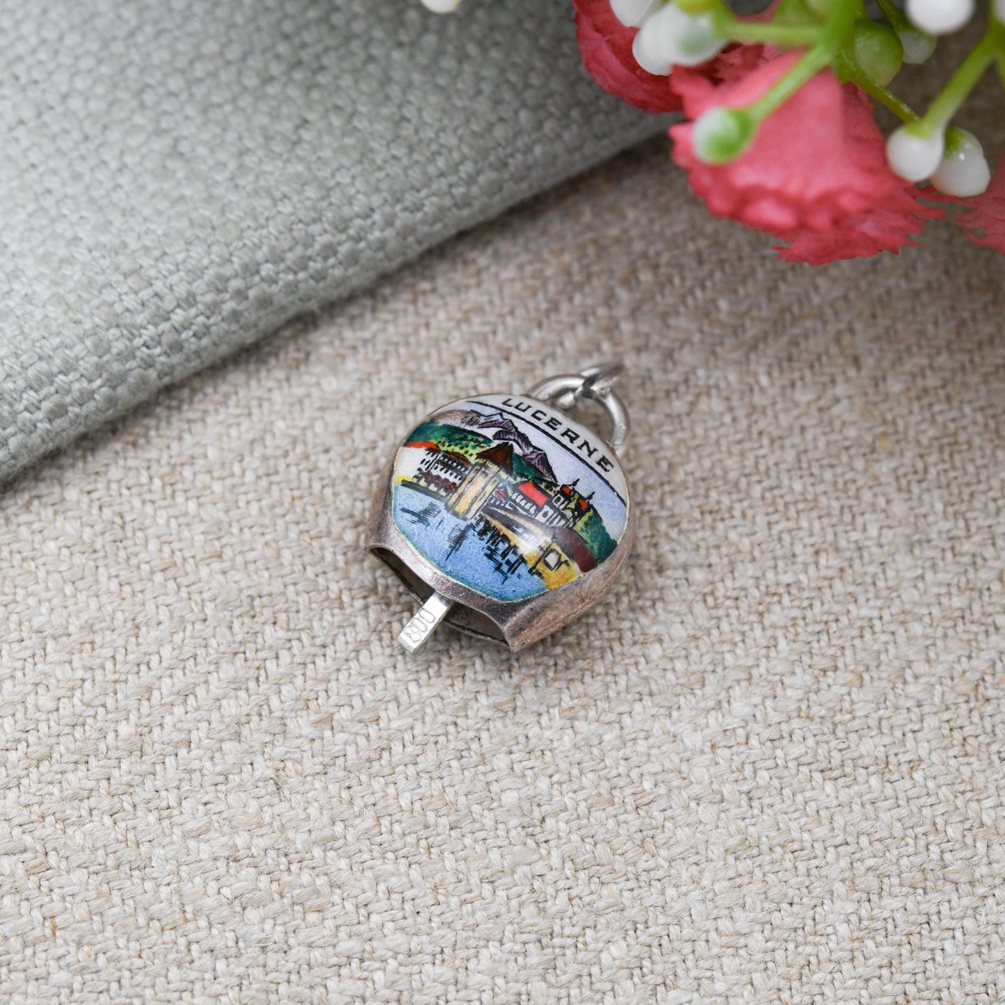 Vintage European 800 Silver Lucerne Cow Bell Charm Pendant - Swiss Enamel Articulated Bell | with Moving Tongue | Gift for Charm Bracelet