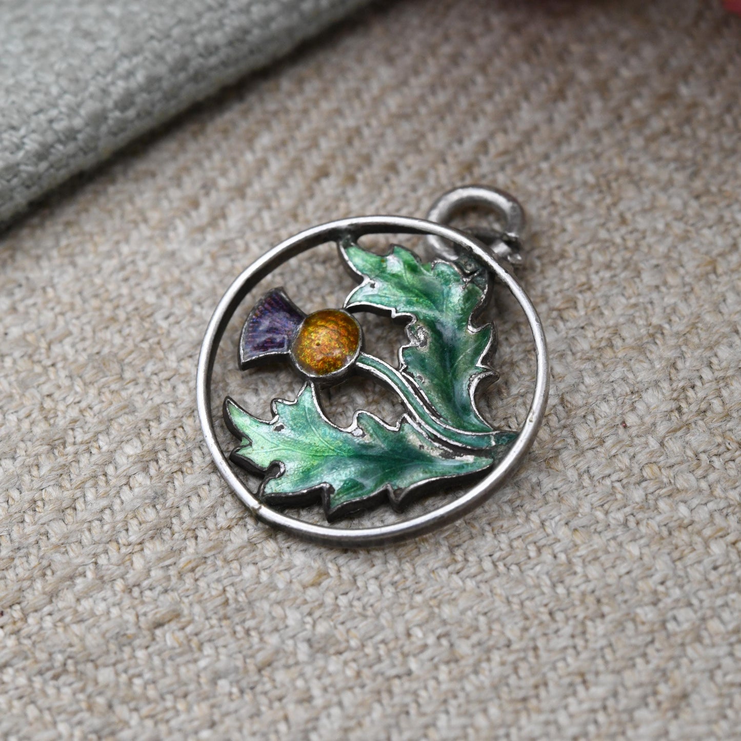 Vintage Charles Horner Sterling Silver Enamel Scottish Thistle Charm - Converted Brooch | Traditional Scottish Flower Pendant for Necklace