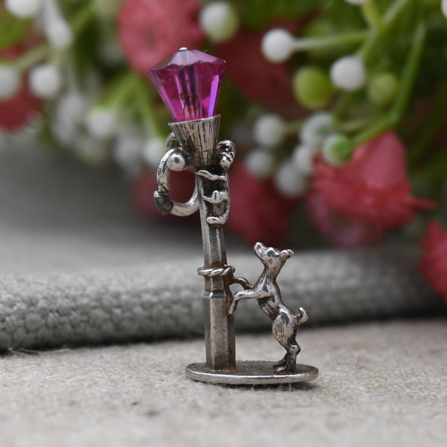 Vintage Sterling Silver Dog and Cat Lamp Post Charm Pendant - Detailed Red Glass | Dog Charm | Animal Lover | Gift for Charm Bracelet