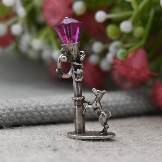Vintage Sterling Silver Dog and Cat Lamp Post Charm Pendant - Detailed Red Glass | Dog Charm | Animal Lover | Gift for Charm Bracelet