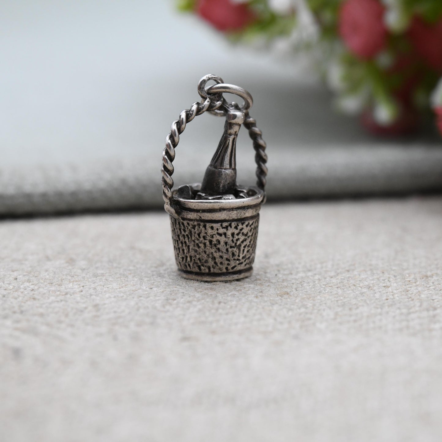 Vintage Sterling Silver Champagne in Ice Bucket Charm Pendant - Detailed and Textured | Souvenir Gift for Charm Bracelet