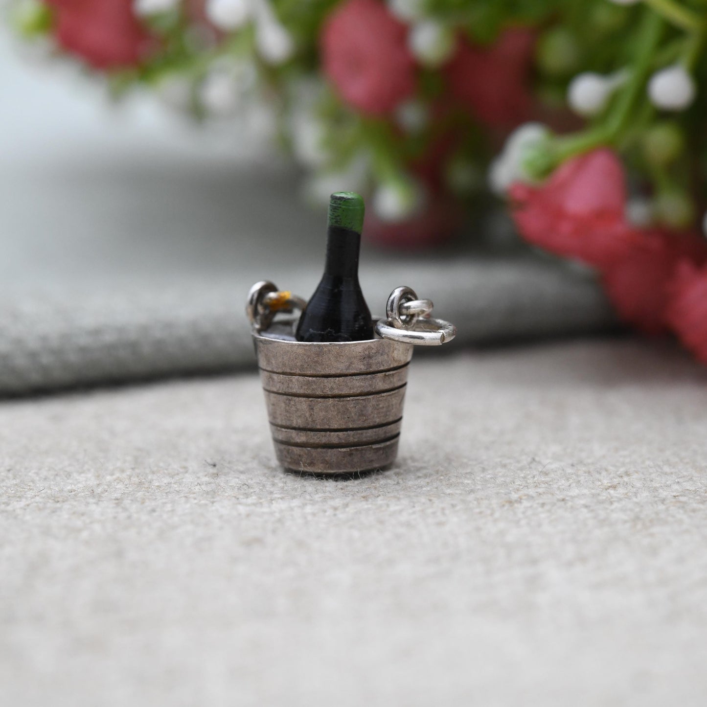 Vintage Sterling Silver and Enamel Champagne in Ice Bucket Charm Pendant - Detailed and Textured | Souvenir Gift for Charm Bracelet