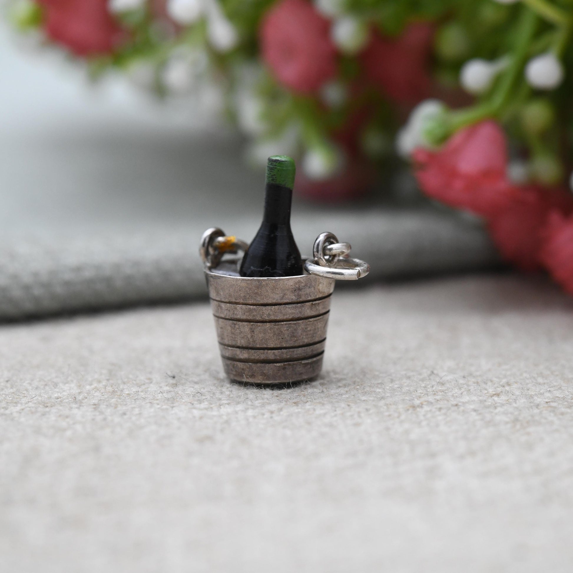 Vintage Sterling Silver and Enamel Champagne in Ice Bucket Charm Pendant - Detailed and Textured | Souvenir Gift for Charm Bracelet