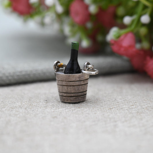 Vintage Sterling Silver and Enamel Champagne in Ice Bucket Charm Pendant - Detailed and Textured | Souvenir Gift for Charm Bracelet