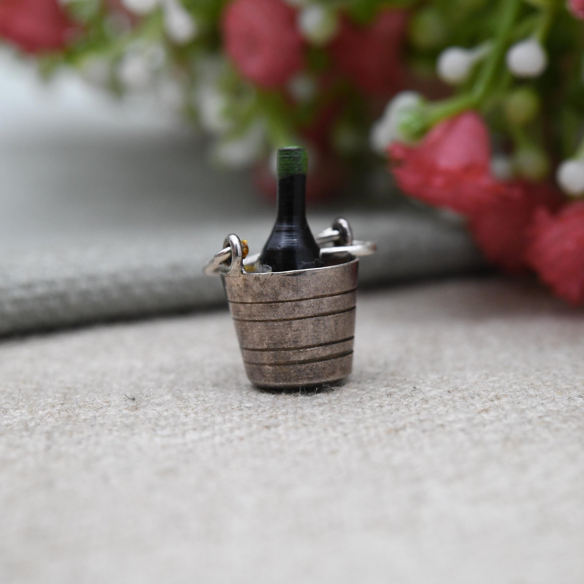 Vintage Sterling Silver and Enamel Champagne in Ice Bucket Charm Pendant - Detailed and Textured | Souvenir Gift for Charm Bracelet