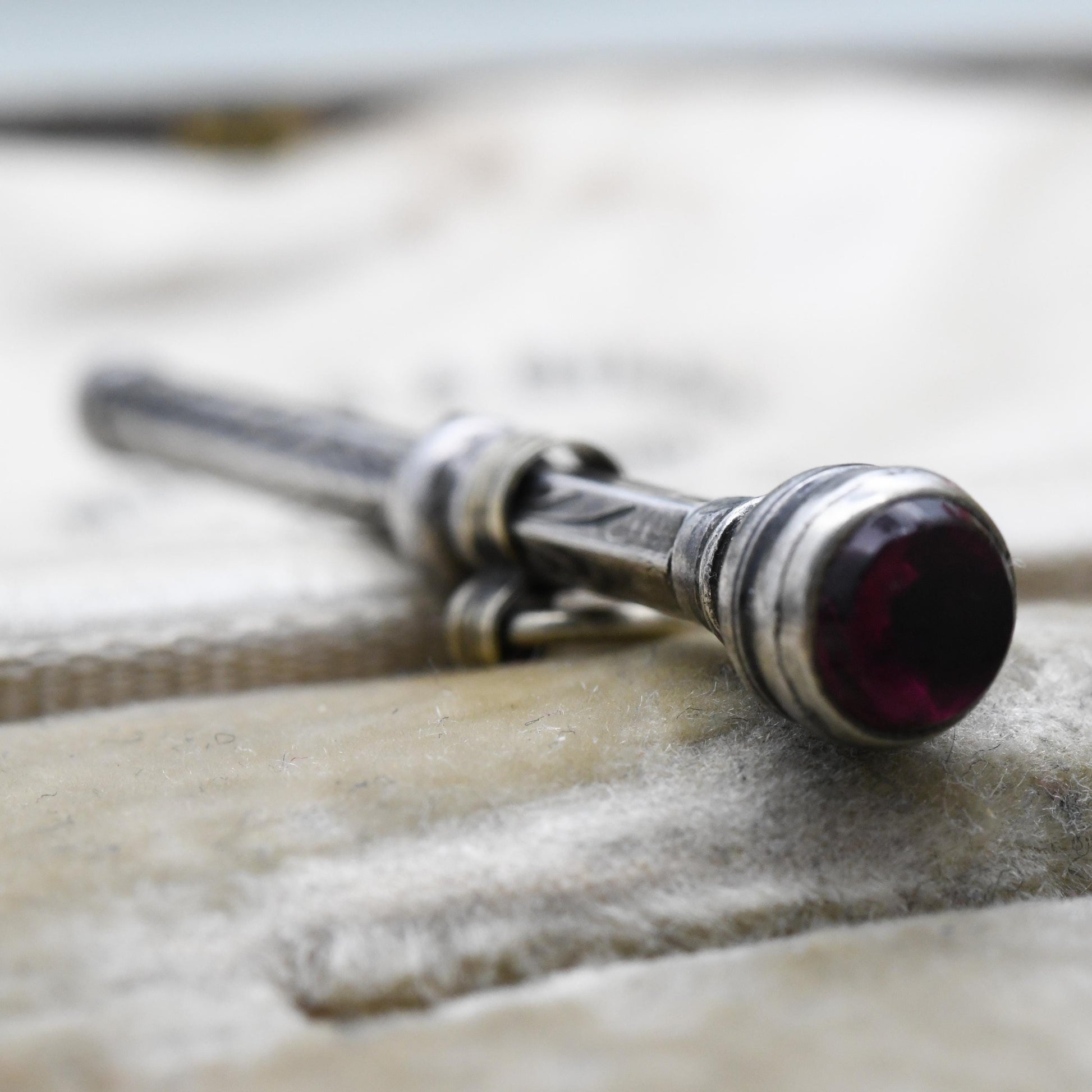 Antique Sterling Silver Chatelaine Retractable Pencil Charm - Edwardian Red Paste Bezel Set Handle | Collectable Magic Pencil Jewellery