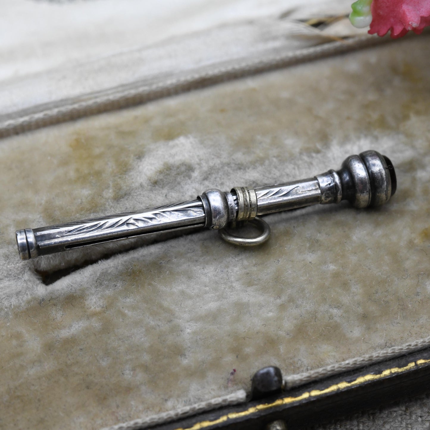 Antique Sterling Silver Chatelaine Retractable Pencil Charm - Edwardian Red Paste Bezel Set Handle | Collectable Magic Pencil Jewellery