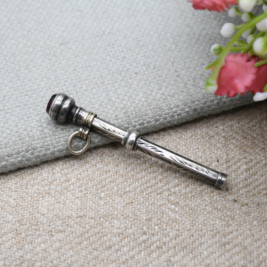 Antique Sterling Silver Chatelaine Retractable Pencil Charm - Edwardian Red Paste Bezel Set Handle | Collectable Magic Pencil Jewellery