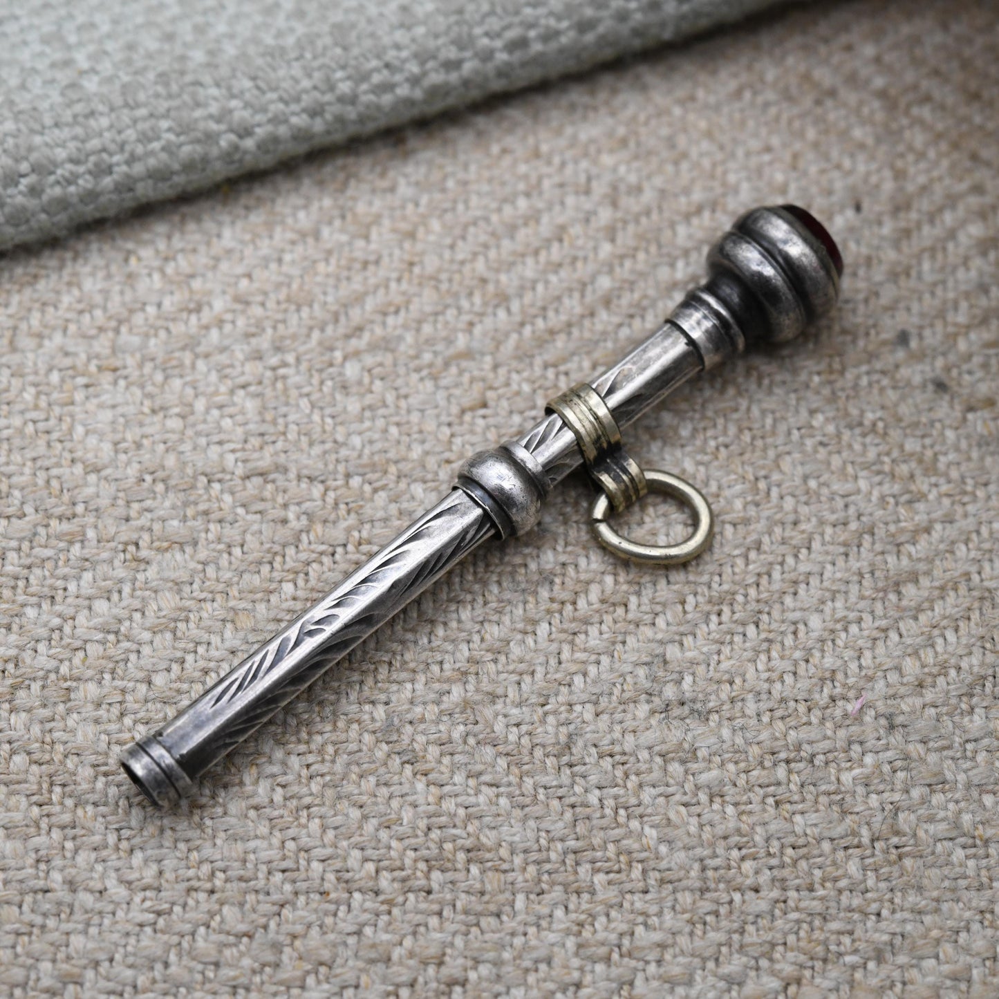 Antique Sterling Silver Chatelaine Retractable Pencil Charm - Edwardian Red Paste Bezel Set Handle | Collectable Magic Pencil Jewellery