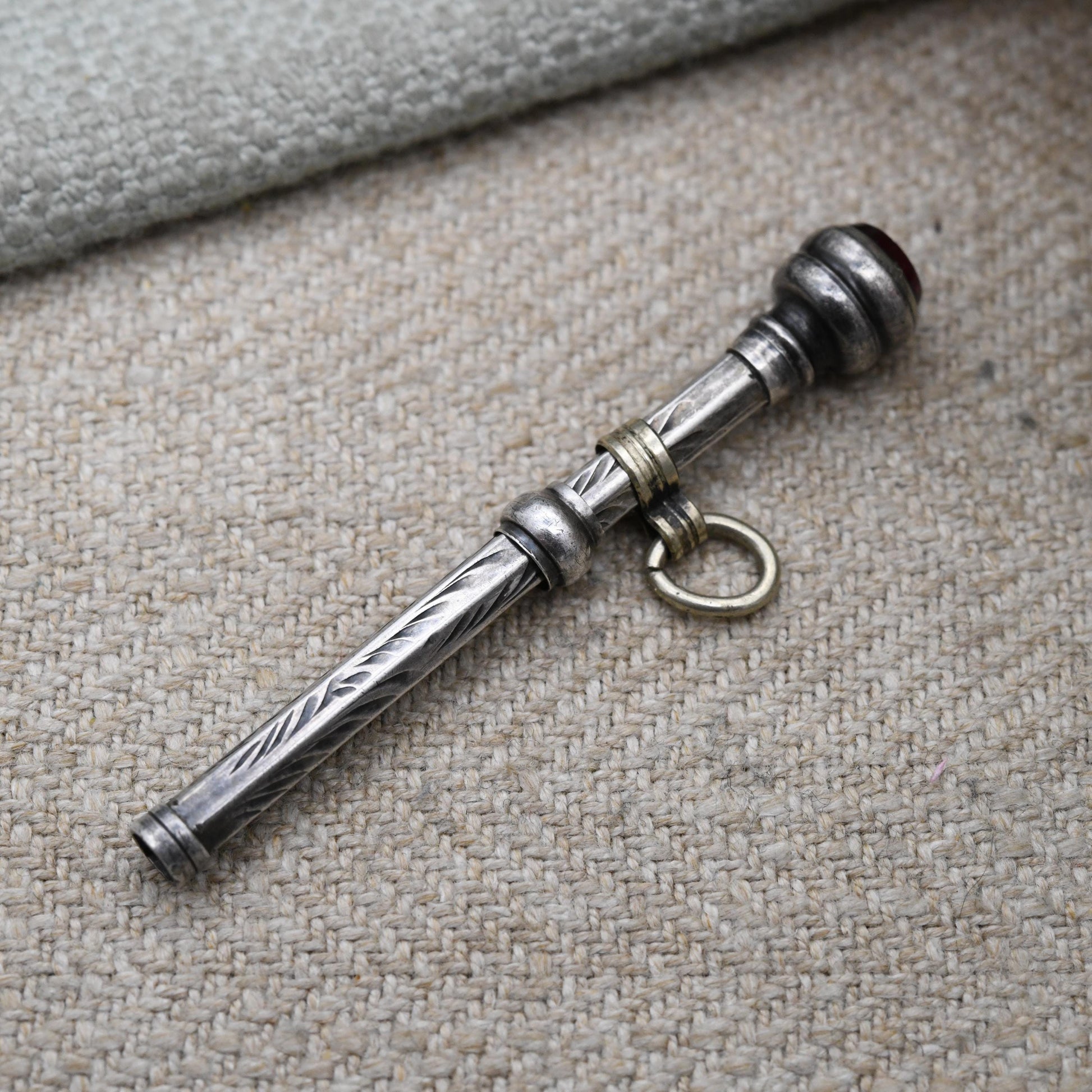 Antique Sterling Silver Chatelaine Retractable Pencil Charm - Edwardian Red Paste Bezel Set Handle | Collectable Magic Pencil Jewellery