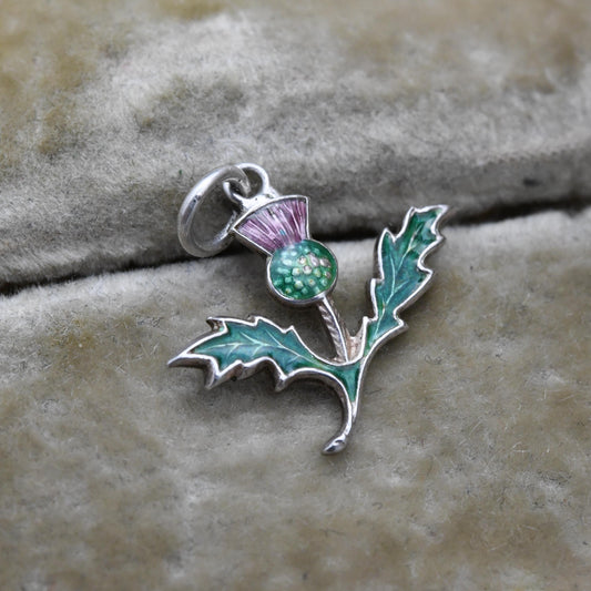 Vintage Sterling Silver & Enamel Scottish Thistle Charm Pendant - Scottish Heritage Symbol | Travel Souvenir Gift for Charm Bracelet